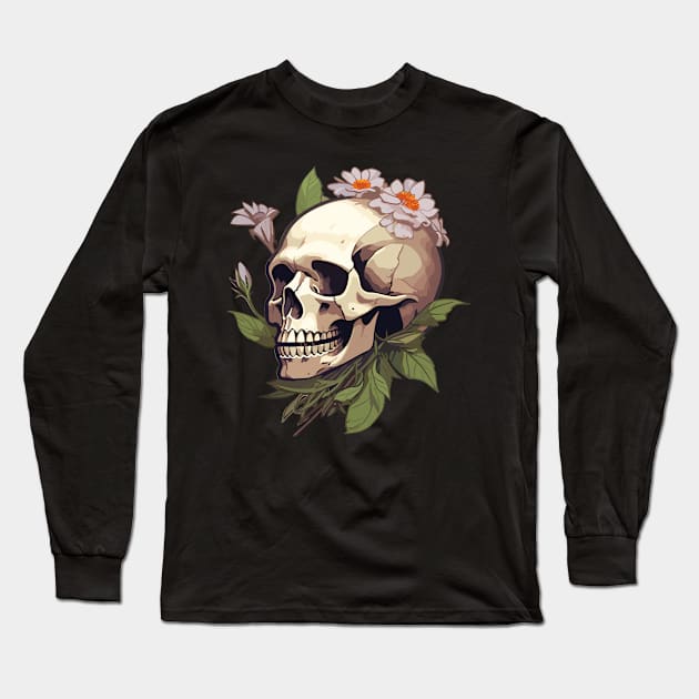 Bones And Botany Skull and Flowers design Long Sleeve T-Shirt by DesginsDone